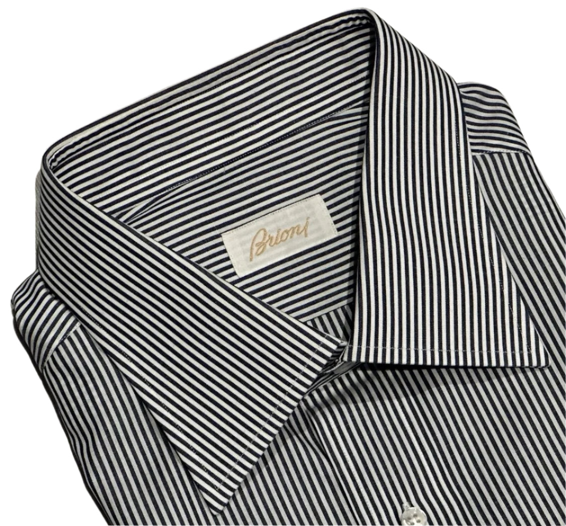 $650 NEW 45 17.75 BRIONI DRESS SHIRT NAVY WHITE STRIPE SLIM FIT - FITS 17.5