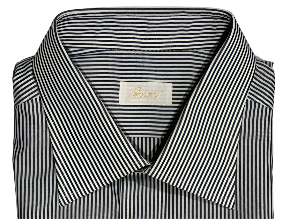 $650 NEW 45 17.75 BRIONI DRESS SHIRT NAVY WHITE STRIPE SLIM FIT - FITS 17.5