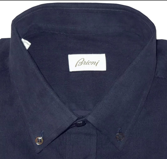 $595 NEW XXL BRIONI FINE WALE CORDUROY DRESS SHIRT TAPERED FIT DARK BLUE CASUAL