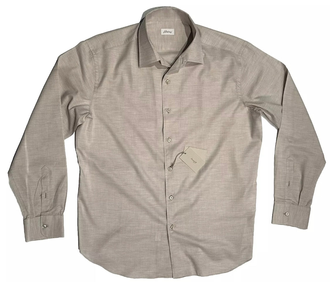 $650 NEW XXL 17.5 BRIONI DRESS SHIRT FITTED FIT OATMEAL 1 PIECE COLLAR CASUAL