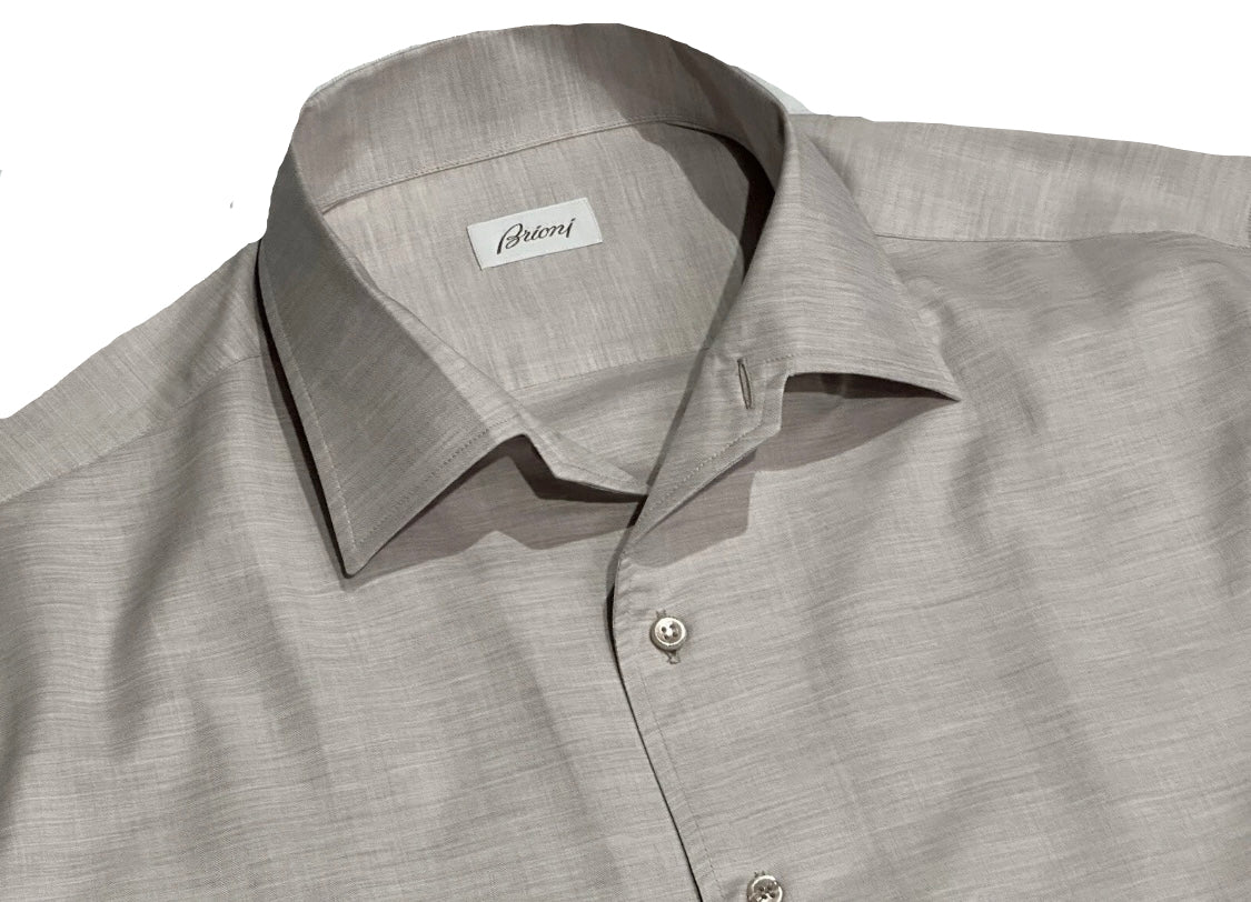 $650 NEW XXL 17.5 BRIONI DRESS SHIRT FITTED FIT OATMEAL 1 PIECE COLLAR CASUAL
