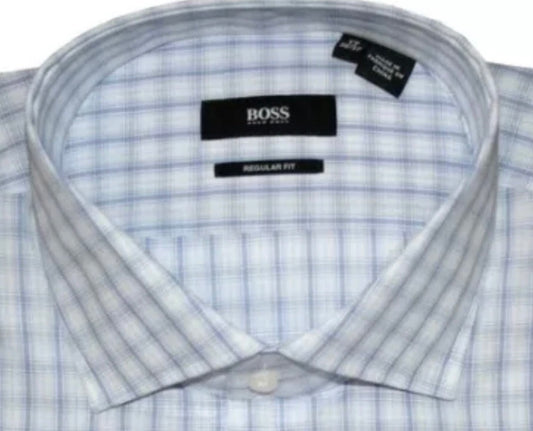 $285 NEW 17.5 32/33 HUGO BOSS SHIRT DRESS WHITE LIGHT BLUE PLAID CUTAWAY COLLAR