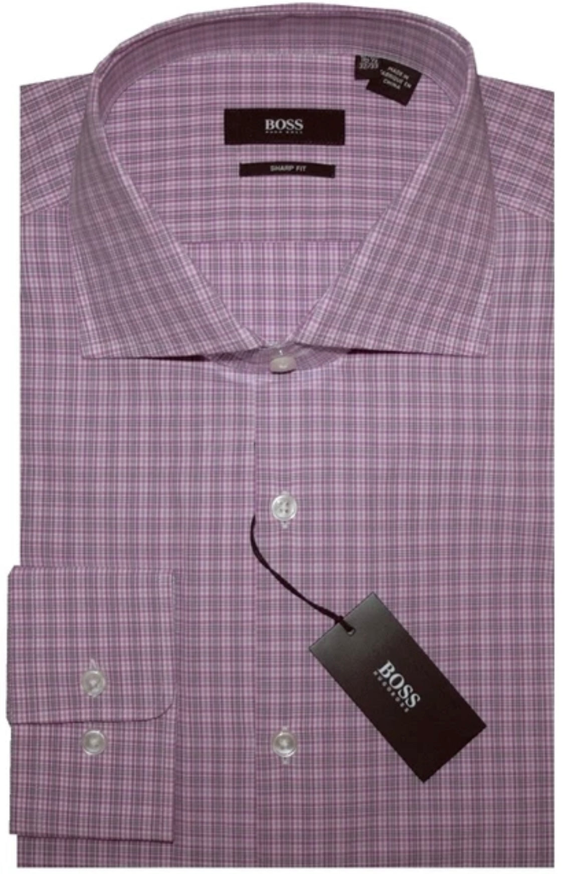 $285 NEW 17 32/33 HUGO BOSS SLIM SHARP FIT DRESS SHIRT FUSCHIA PLAID CUTAWAY COLLAR