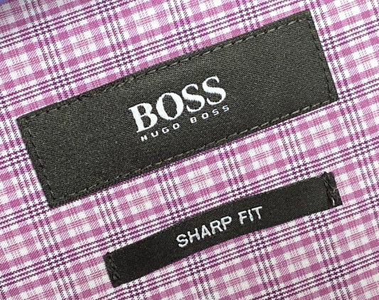 $285 NEW 17 32/33 HUGO BOSS SLIM SHARP FIT DRESS SHIRT FUSCHIA PLAID CUTAWAY COLLAR