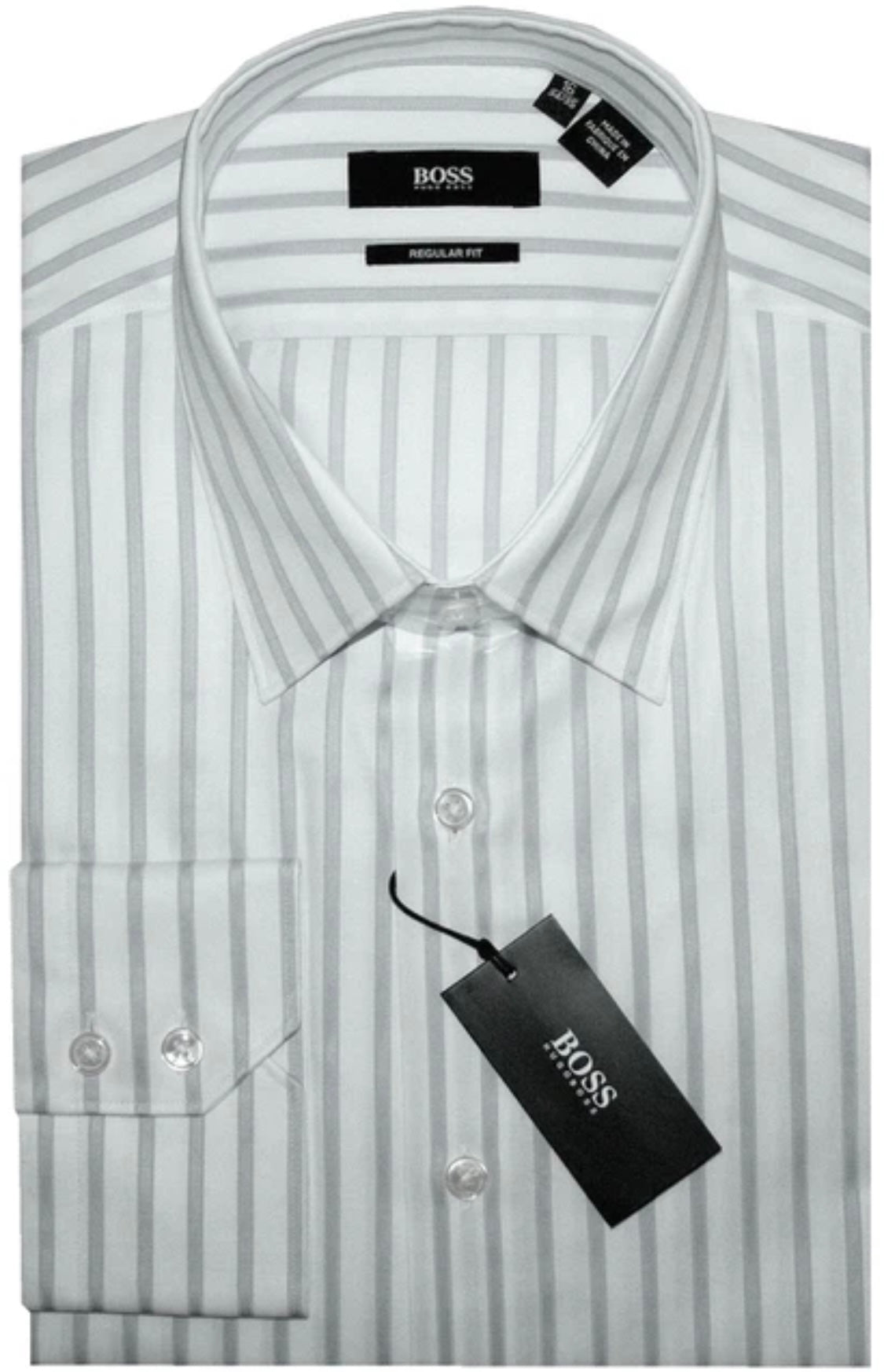 $285 NEW 16 34/35 HUGO BOSS DRESS SHIRT SATIN WHITE w SILVER GRAY STRIPES