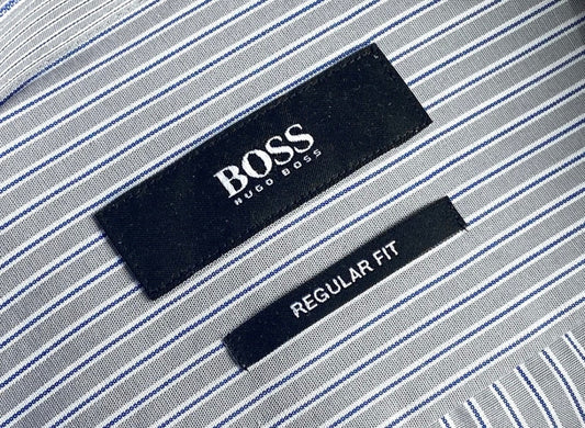 $285 NEW 17 36/37 HUGO BOSS DRESS SHIRT BLACK LABEL TAUPE-GRAY WHITE & BLUE