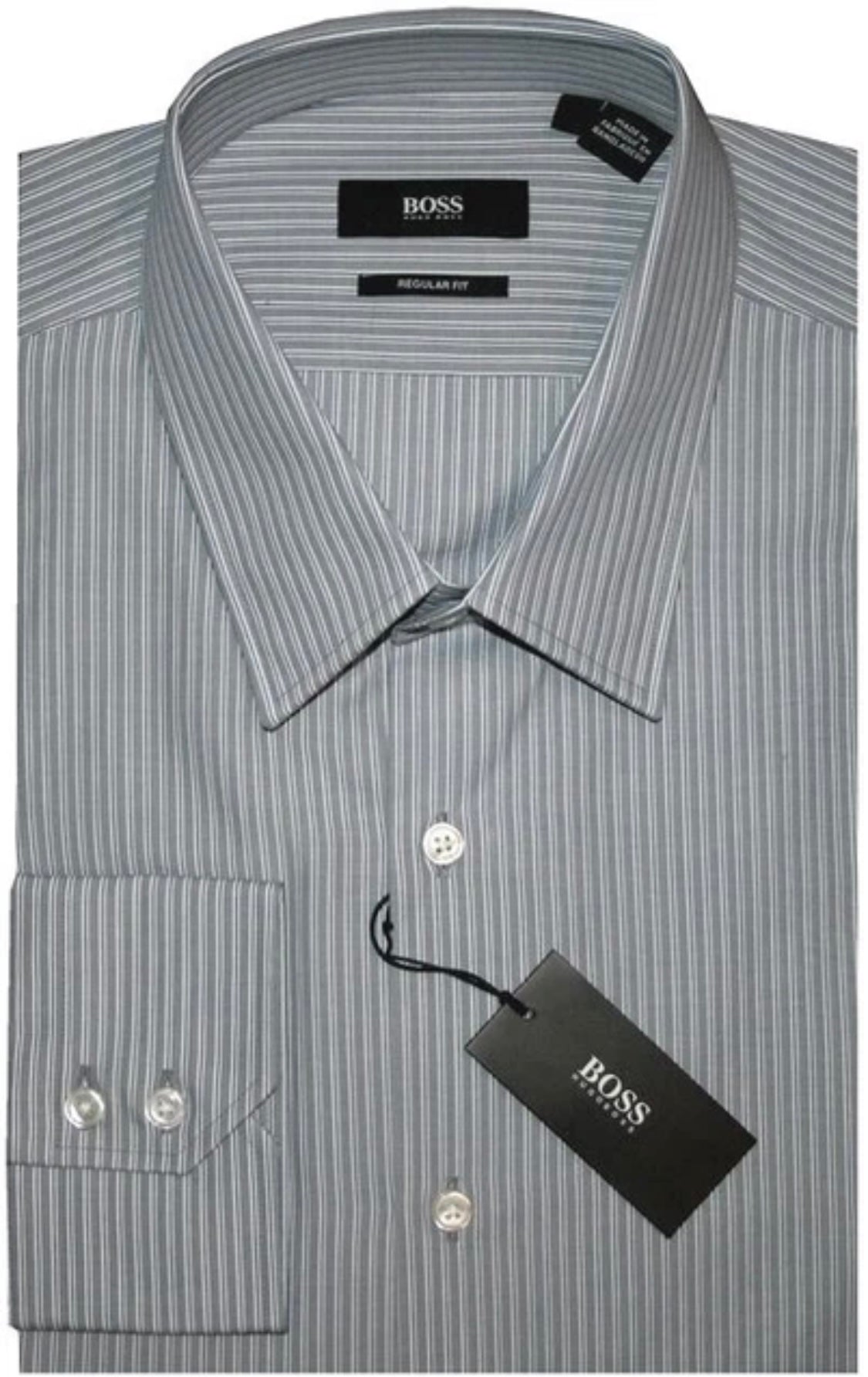 $285 NEW 17 36/37 HUGO BOSS DRESS SHIRT BLACK LABEL TAUPE-GRAY WHITE & BLUE