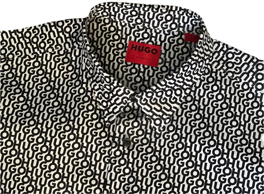 $395 NEW XXL FITS XL HUGO BOSS SHIRT SLIM FIT REPEAT BLACK WHITE SHORT SLEEVE