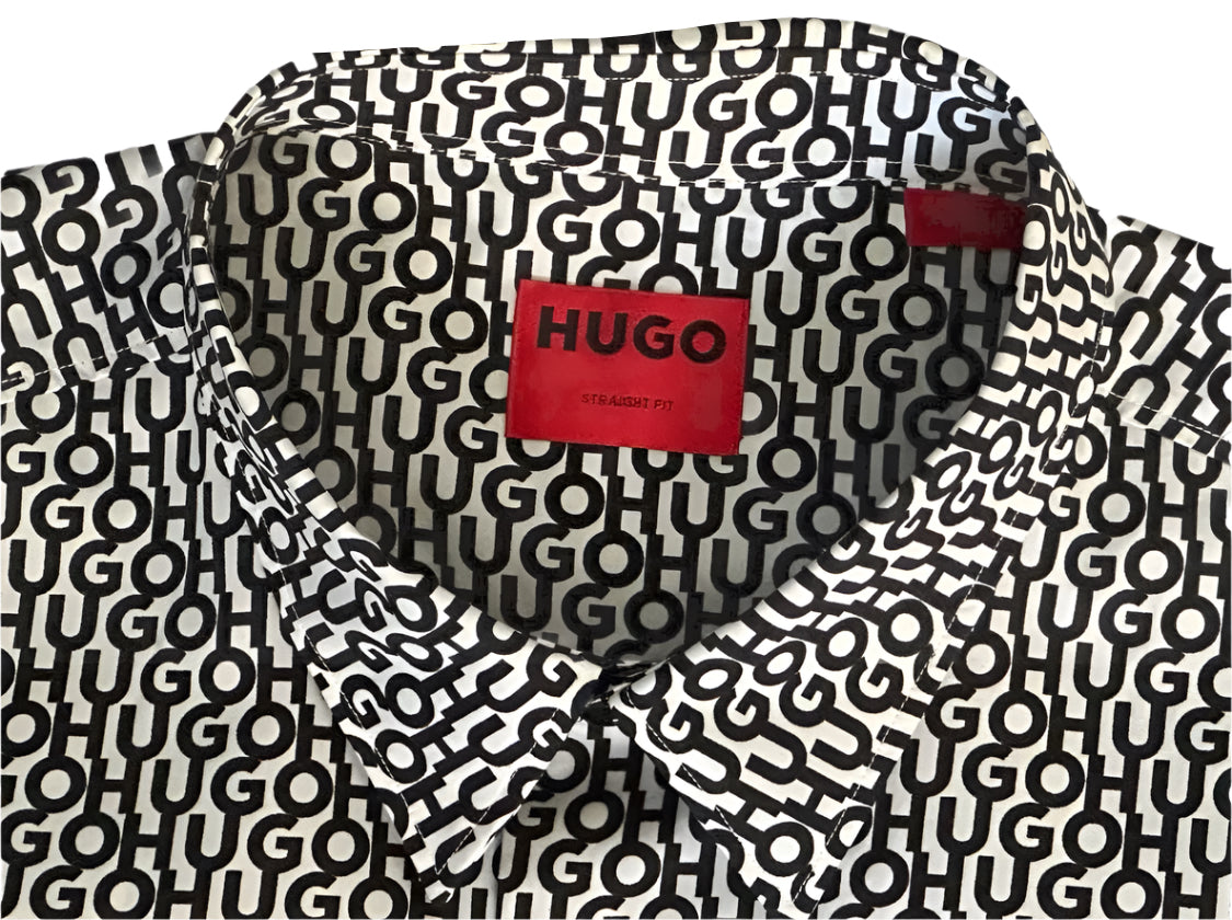 $395 NEW XXL FITS XL HUGO BOSS SHIRT SLIM FIT REPEAT BLACK WHITE SHORT SLEEVE