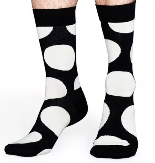 HAPPY SOCKS ONE PAIR OF BLACK w HUGE WHITE GIANT POLKA DOTS COMBED COTTON SOCKS