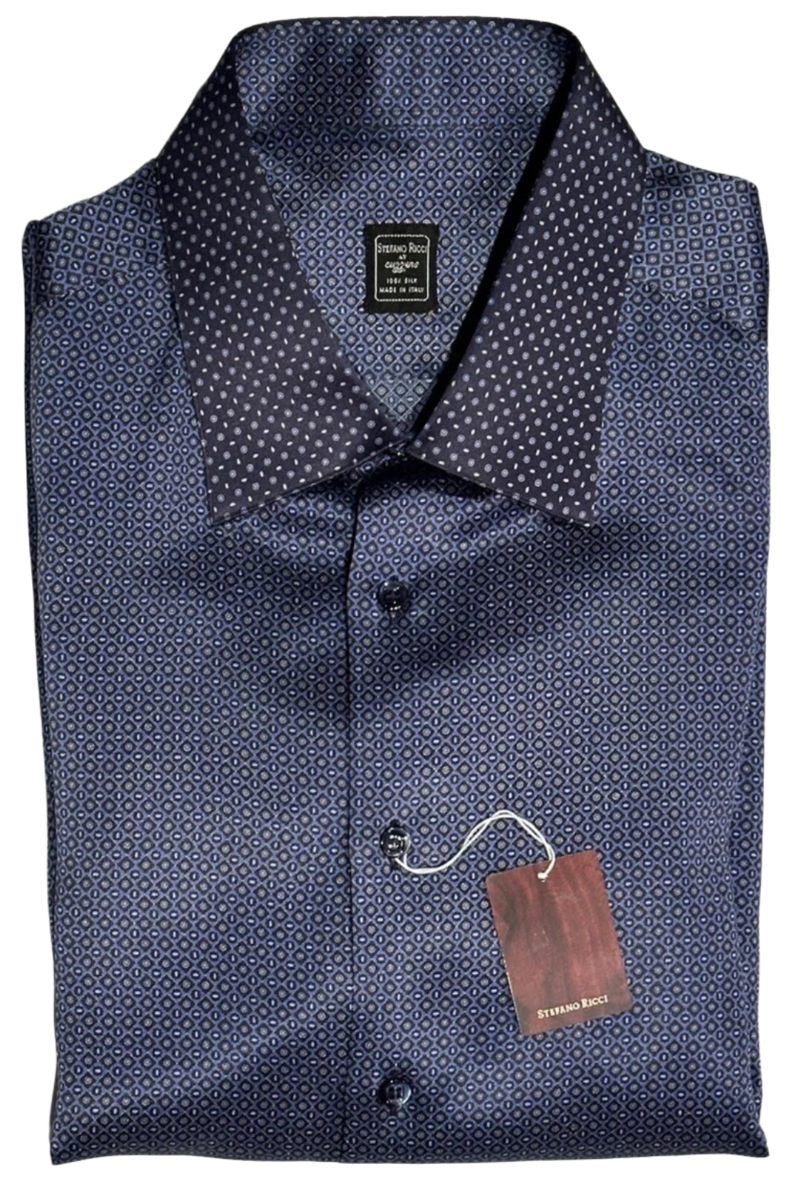 $2500 NEW 17.5 44 STEFANO RICCI 100% SILK SHIRT BLUE CONTRAST COLLAR CUFFS
