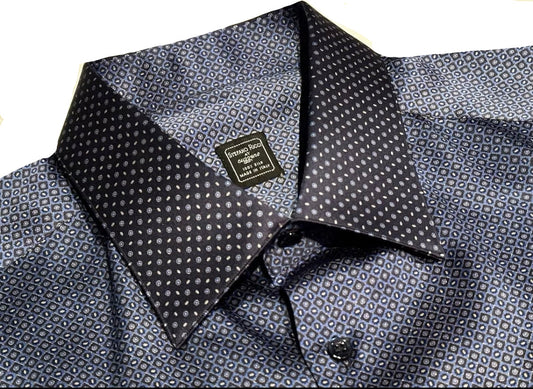 $2500 NEW 17.5 44 STEFANO RICCI 100% SILK SHIRT BLUE CONTRAST COLLAR CUFFS