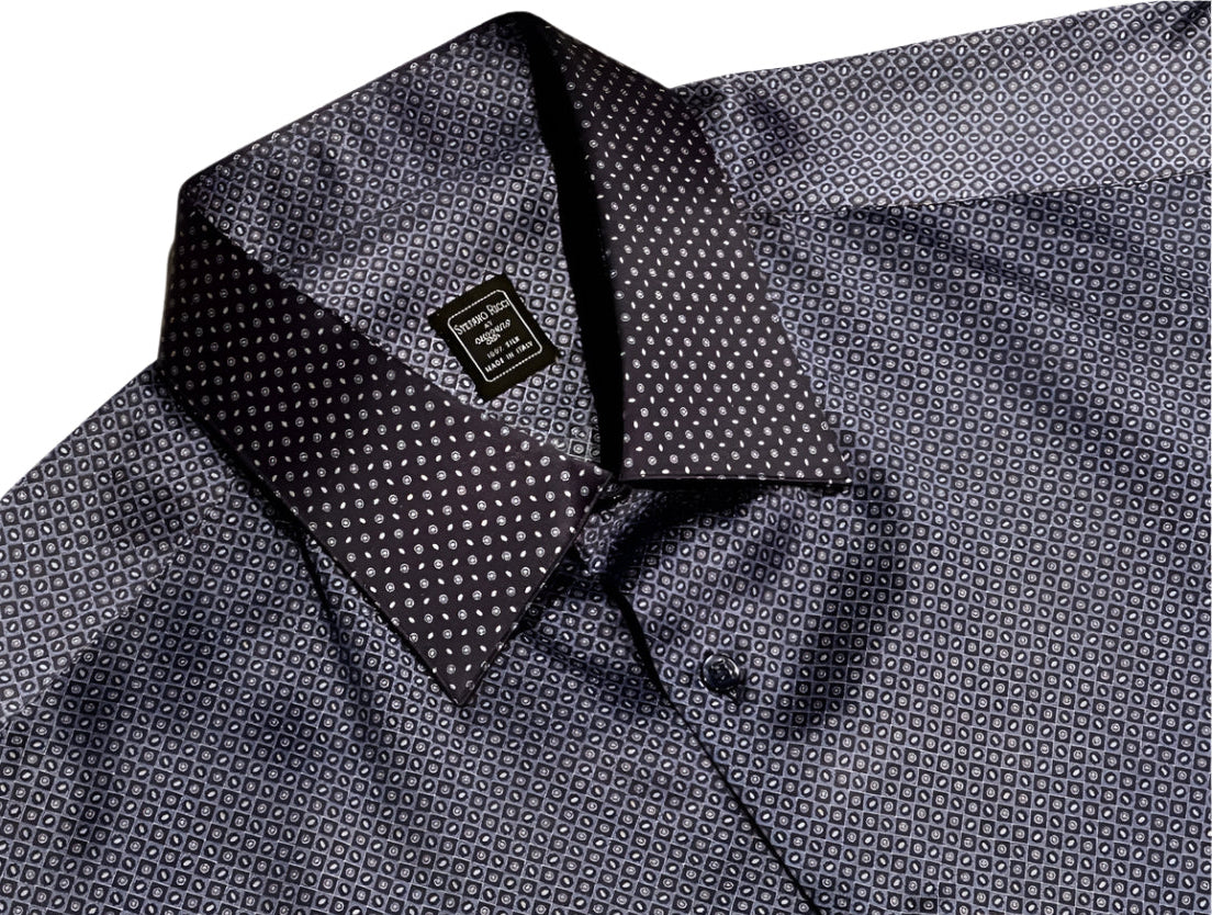 $2500 NEW 17.5 44 STEFANO RICCI 100% SILK SHIRT BLUE CONTRAST COLLAR CUFFS