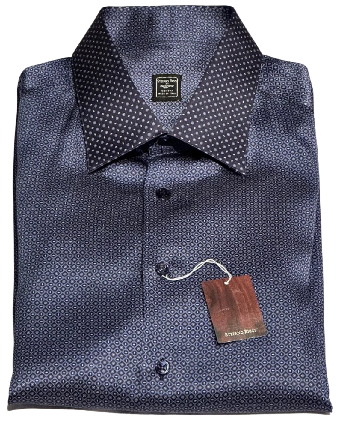$2500 NEW 17.5 44 STEFANO RICCI 100% SILK SHIRT BLUE CONTRAST COLLAR CUFFS