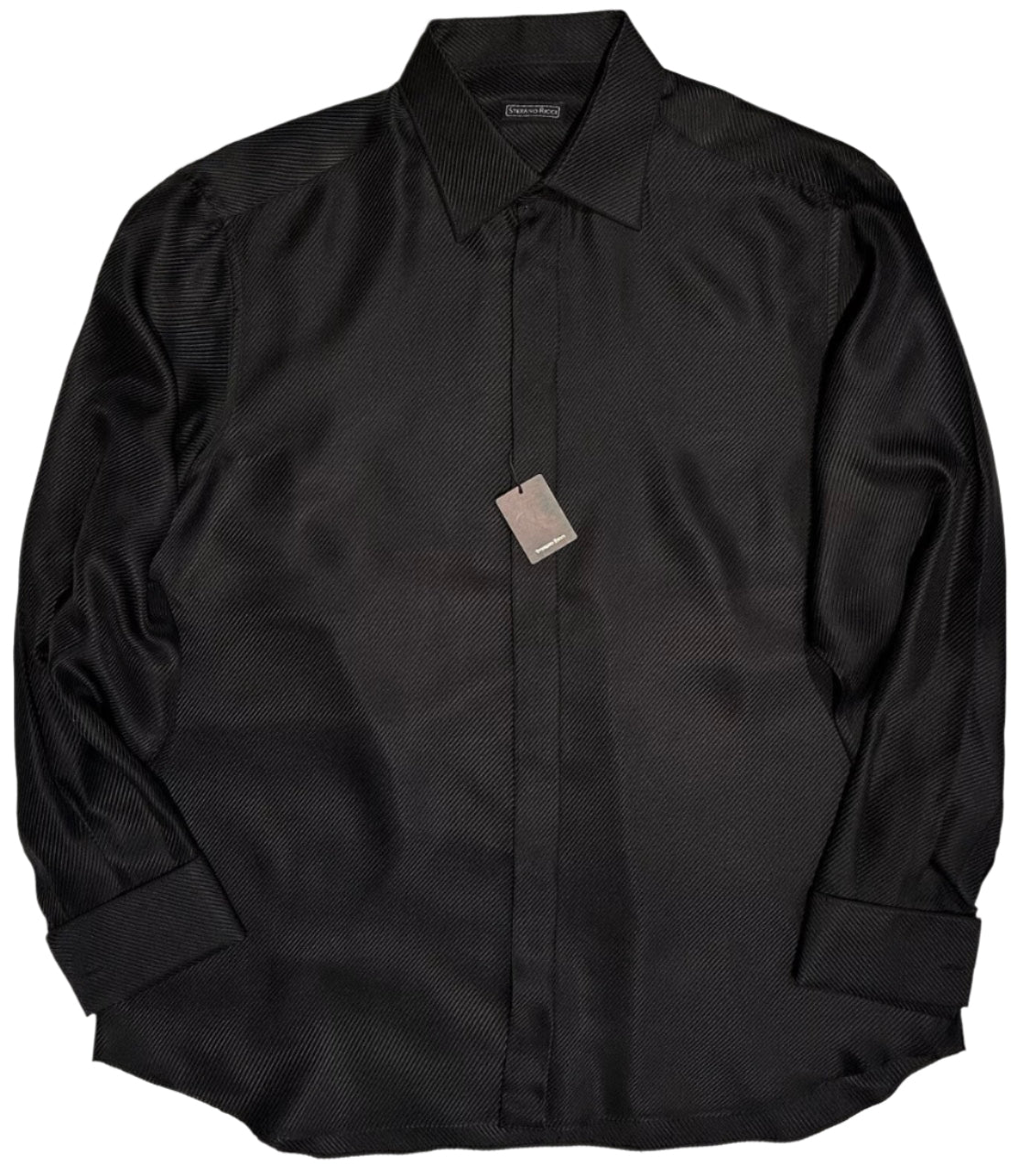 $2500 NEW 44 17.5 STEFANO RICCI 100% SILK DRESS SHIRT BLACK TWILL FRENCH CUFF
