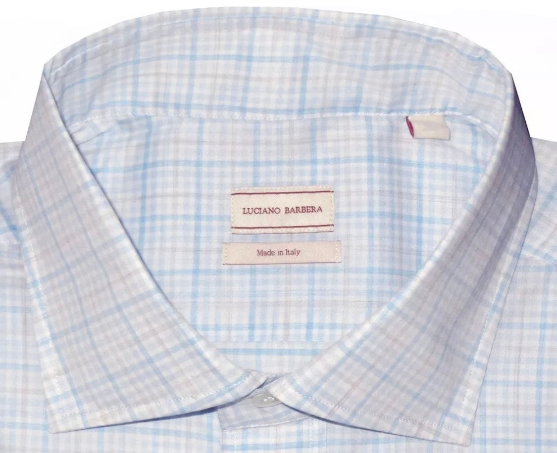$450 NEW M 15.5 16 LUCIANO BARBERA DRESS SHIRT LIGHT BLUE CHECK HAND MADE ITALY