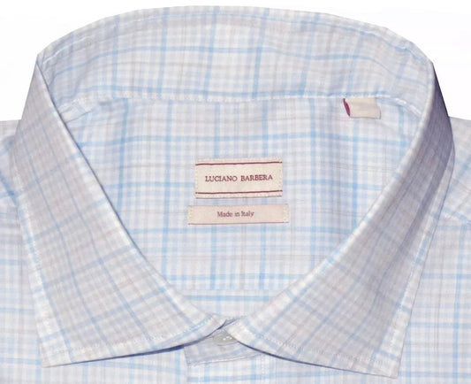 $450 NEW XL 17.5 LUCIANO BARBERA DRESS SHIRT LIGHT BLUE CHECK HAND MADE ITALY