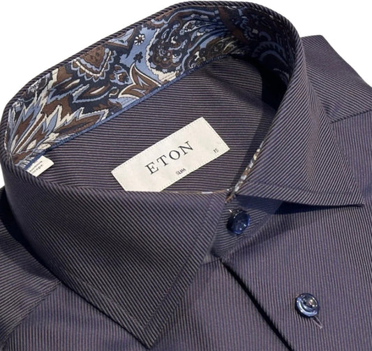 $395 NEW ETON DRESS SHIRT S 15 EU 38 SLIM FIT NAVY TWILL CONTRAST PAISLEY COLLAR MENS