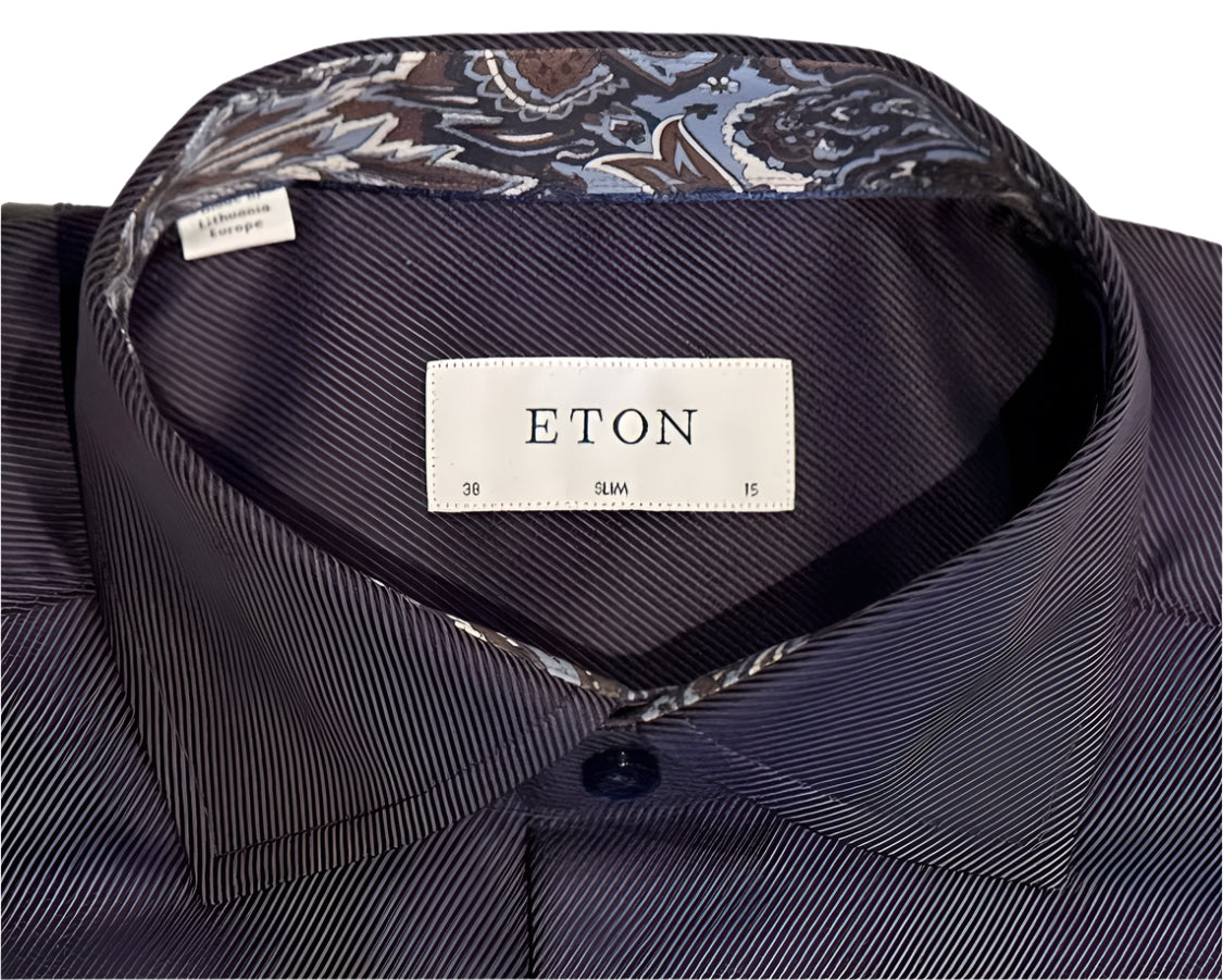 $395 NEW ETON DRESS SHIRT S 15 EU 38 SLIM FIT NAVY TWILL CONTRAST PAISLEY COLLAR MENS