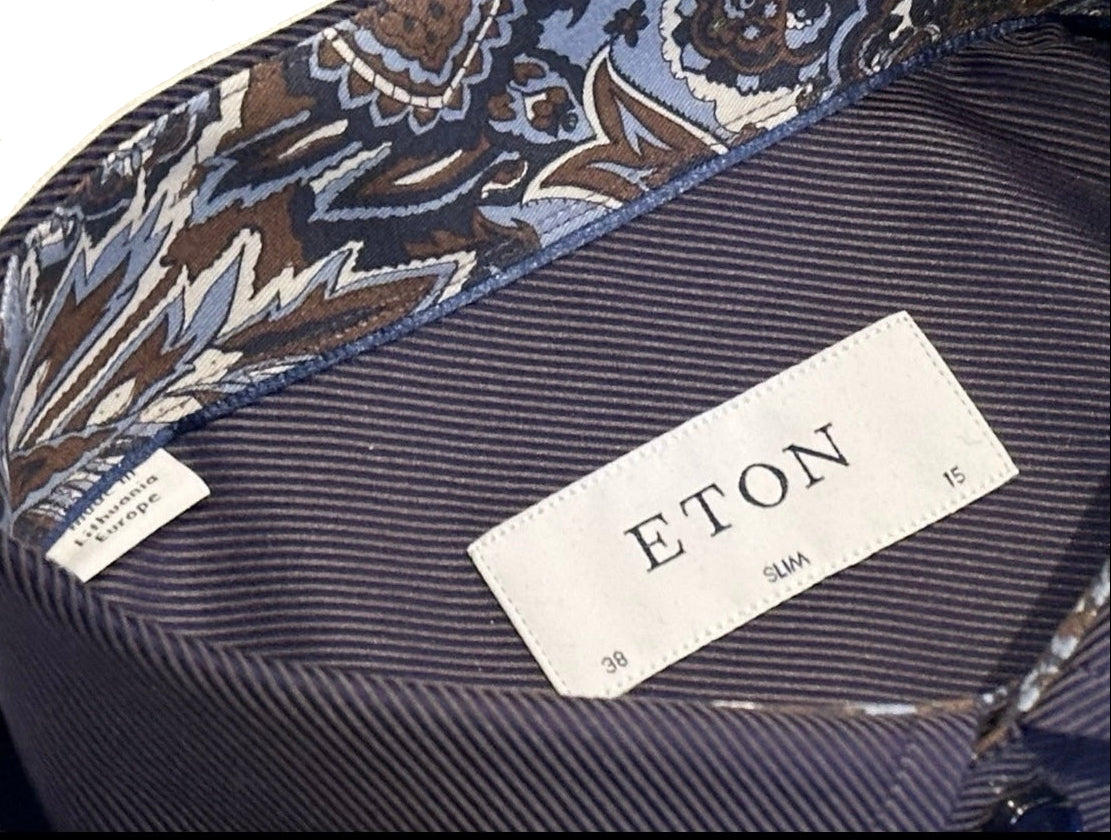 $395 NEW ETON DRESS SHIRT S 15 EU 38 SLIM FIT NAVY TWILL CONTRAST PAISLEY COLLAR MENS