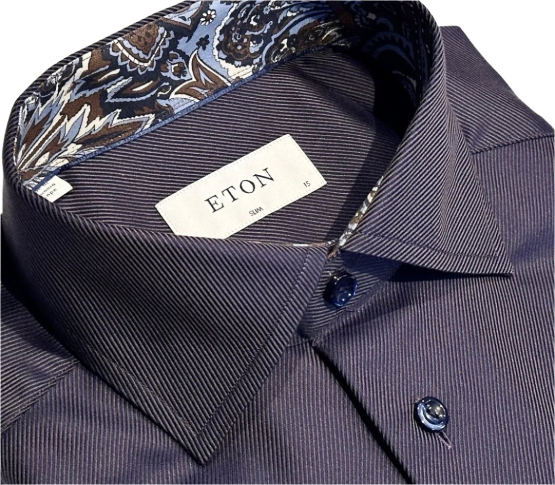 $395 NEW ETON DRESS SHIRT S 15 EU 38 SLIM FIT NAVY TWILL CONTRAST PAISLEY COLLAR MENS