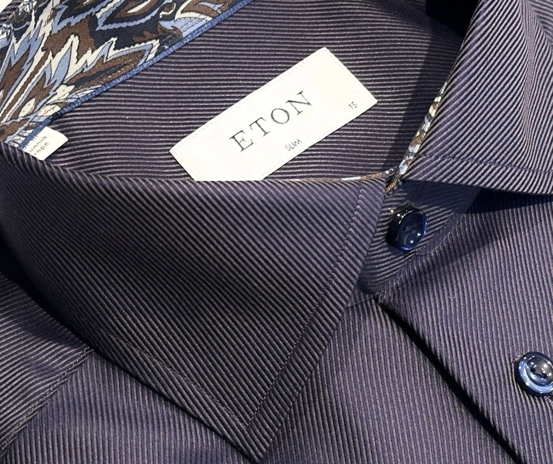 $395 NEW ETON DRESS SHIRT S 15 EU 38 SLIM FIT NAVY TWILL CONTRAST PAISLEY COLLAR MENS