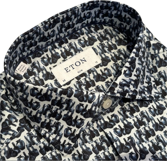 $395 NEW ETON MENS DRESS SHIRT S 15 EU 38 SLIM FIT ANTIQUE ART VASES VESSELS MOTIF