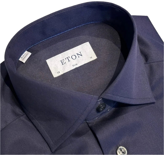 $395 NEW ETON DRESS SHIRT S 15 EU 38 SLIM FIT SOLID NAVY SATEEN MENS