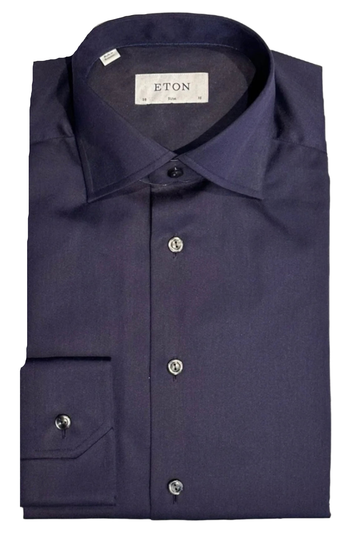$395 NEW ETON DRESS SHIRT S 15 EU 38 SLIM FIT SOLID NAVY SATEEN MENS