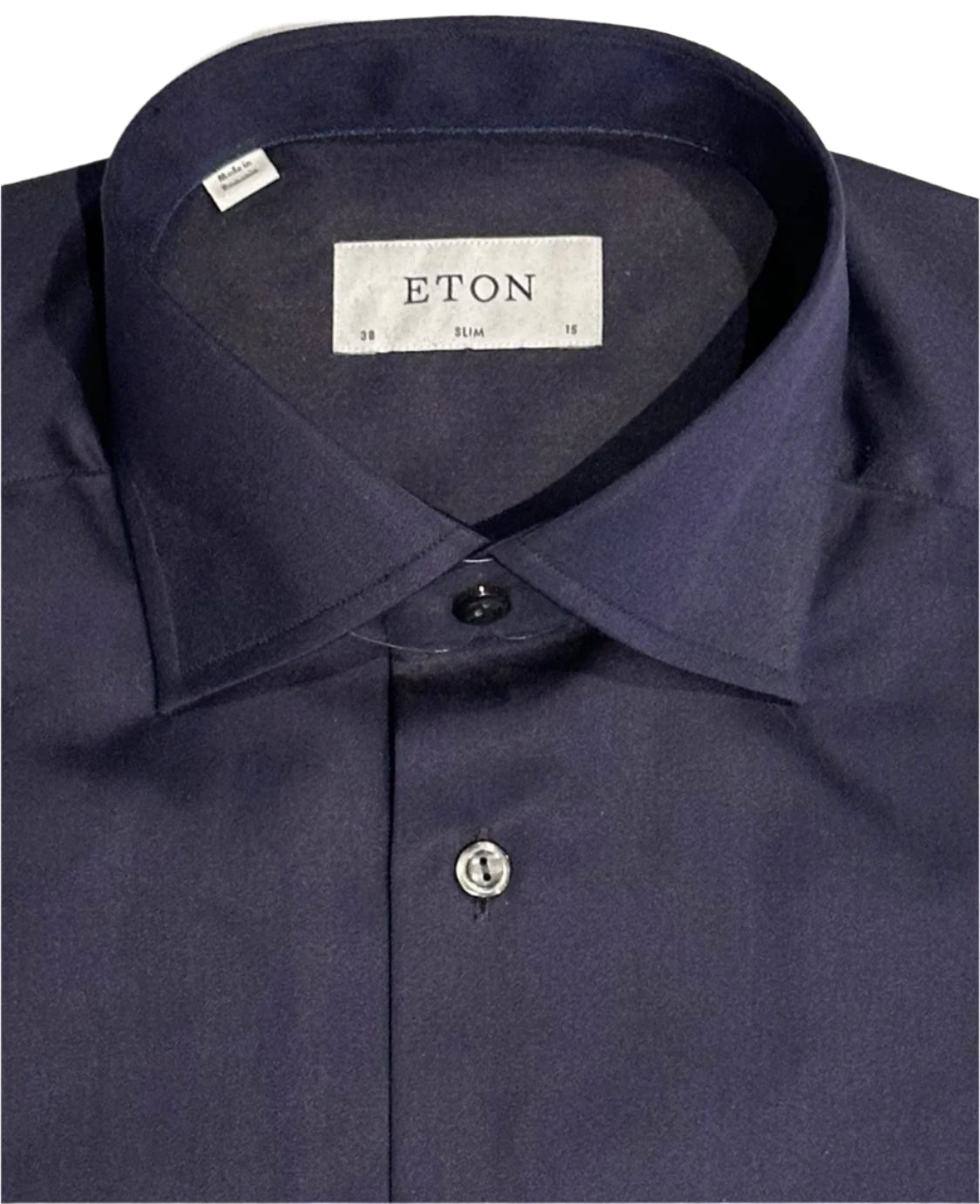$395 NEW ETON DRESS SHIRT S 15 EU 38 SLIM FIT SOLID NAVY SATEEN MENS