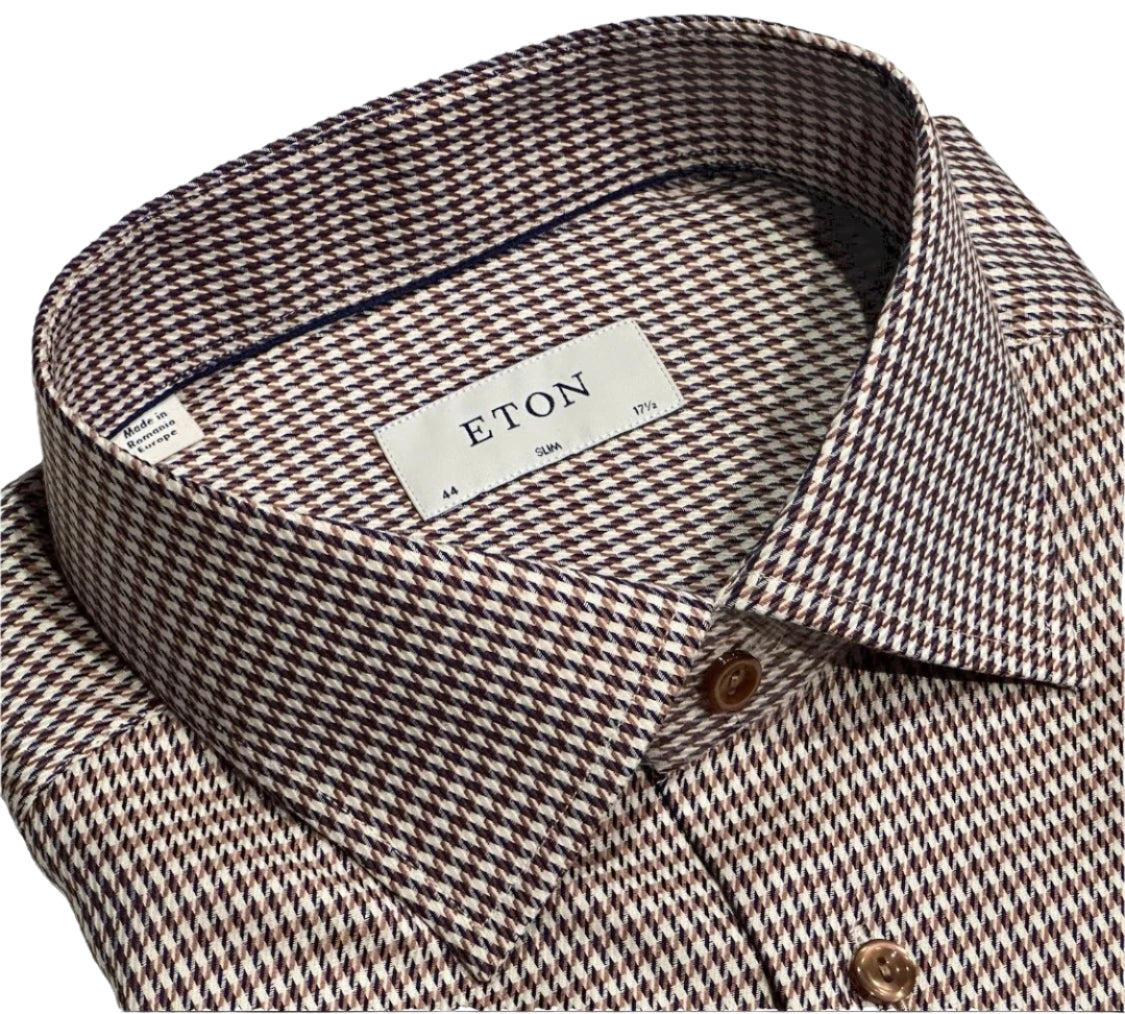 $395 NEW ETON DRESS SHIRT XL 17.5 EU 44 SLIM FIT TAUPE BROWN PUPPYTOOTH HOUNDSTOOTH