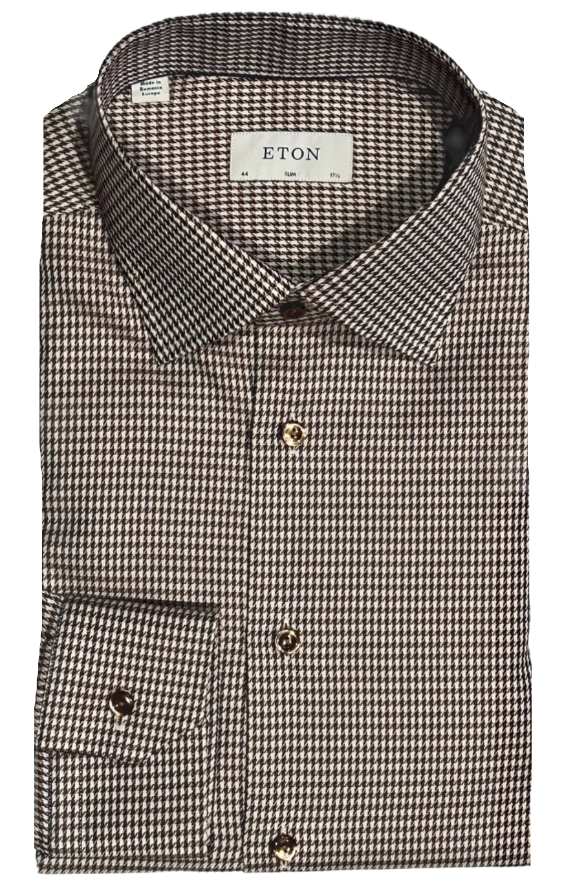 $395 NEW ETON DRESS SHIRT XL 17.5 EU 44 SLIM FIT TAUPE BROWN PUPPYTOOTH HOUNDSTOOTH