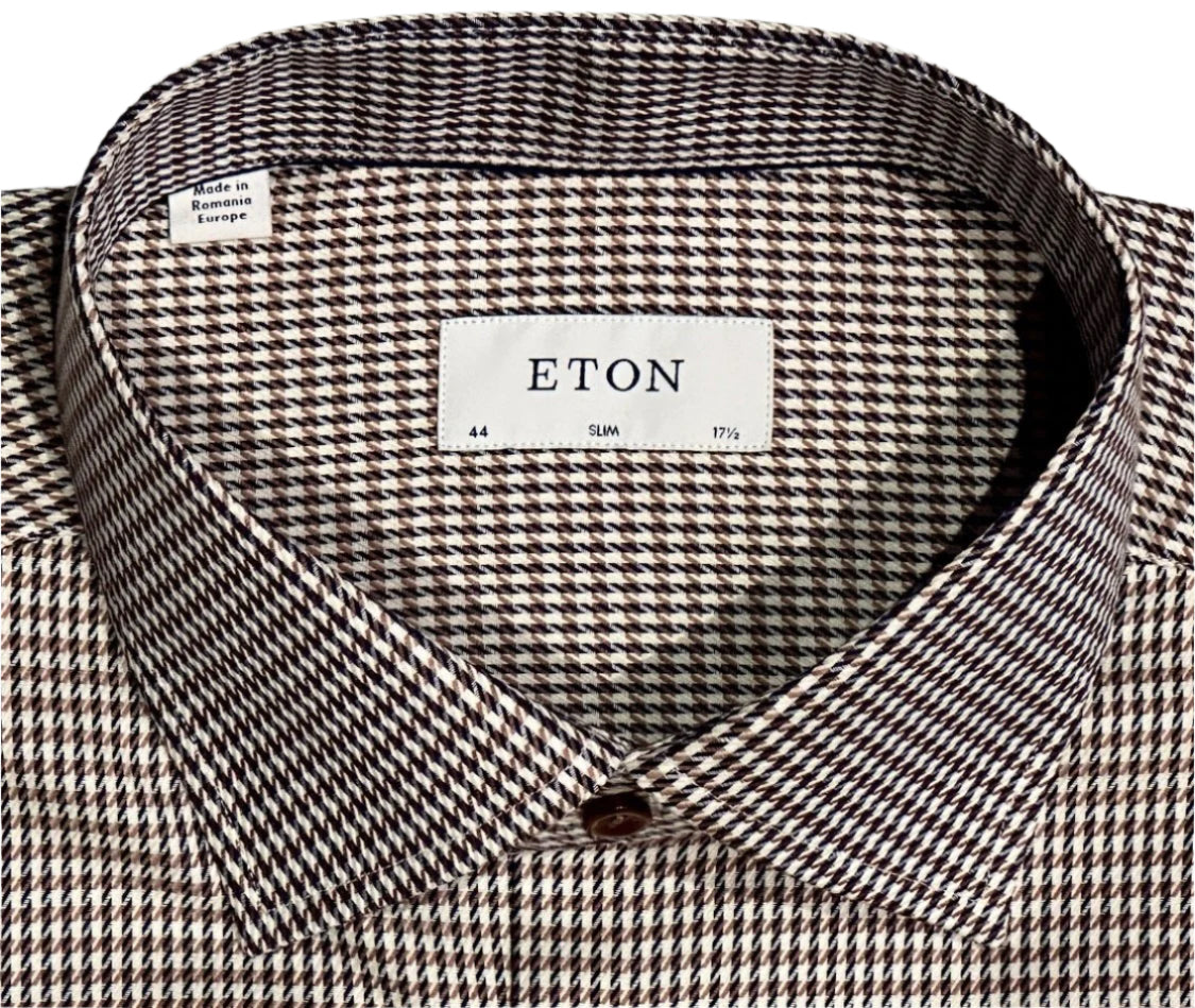 $395 NEW ETON DRESS SHIRT XL 17.5 EU 44 SLIM FIT TAUPE BROWN PUPPYTOOTH HOUNDSTOOTH