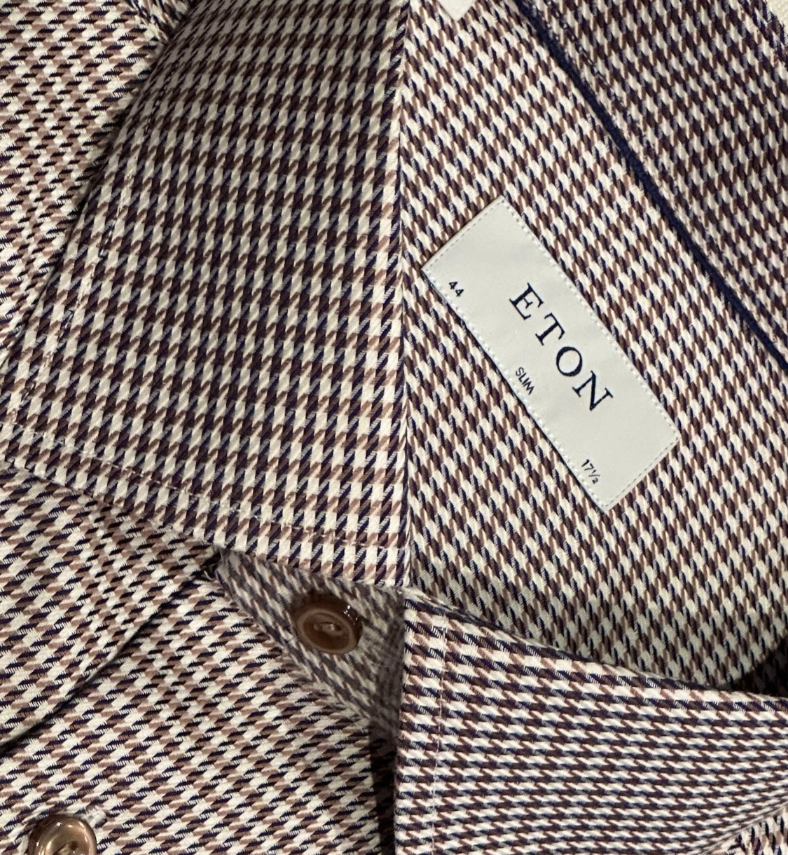 $395 NEW ETON DRESS SHIRT XL 17.5 EU 44 SLIM FIT TAUPE BROWN PUPPYTOOTH HOUNDSTOOTH