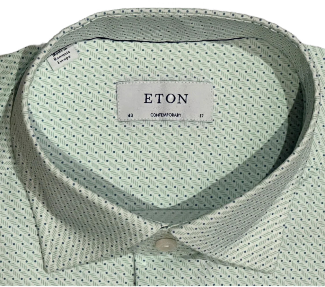 $425 NEW ETON DRESS SHIRT XL 17 EU 43 CONTEMPORARY FIT MINT GREEN WHITE TINY BLUE DOTS