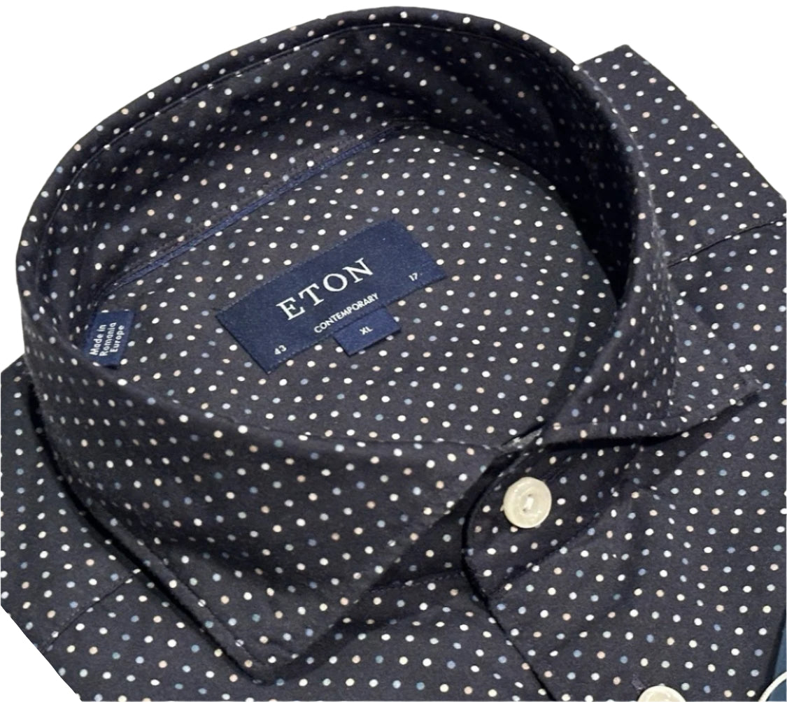 $425 NEW ETON DRESS SHIRT XL 17 EU 43 CONTEMPORARY DARK NAVY w SUSPENDED DOTS