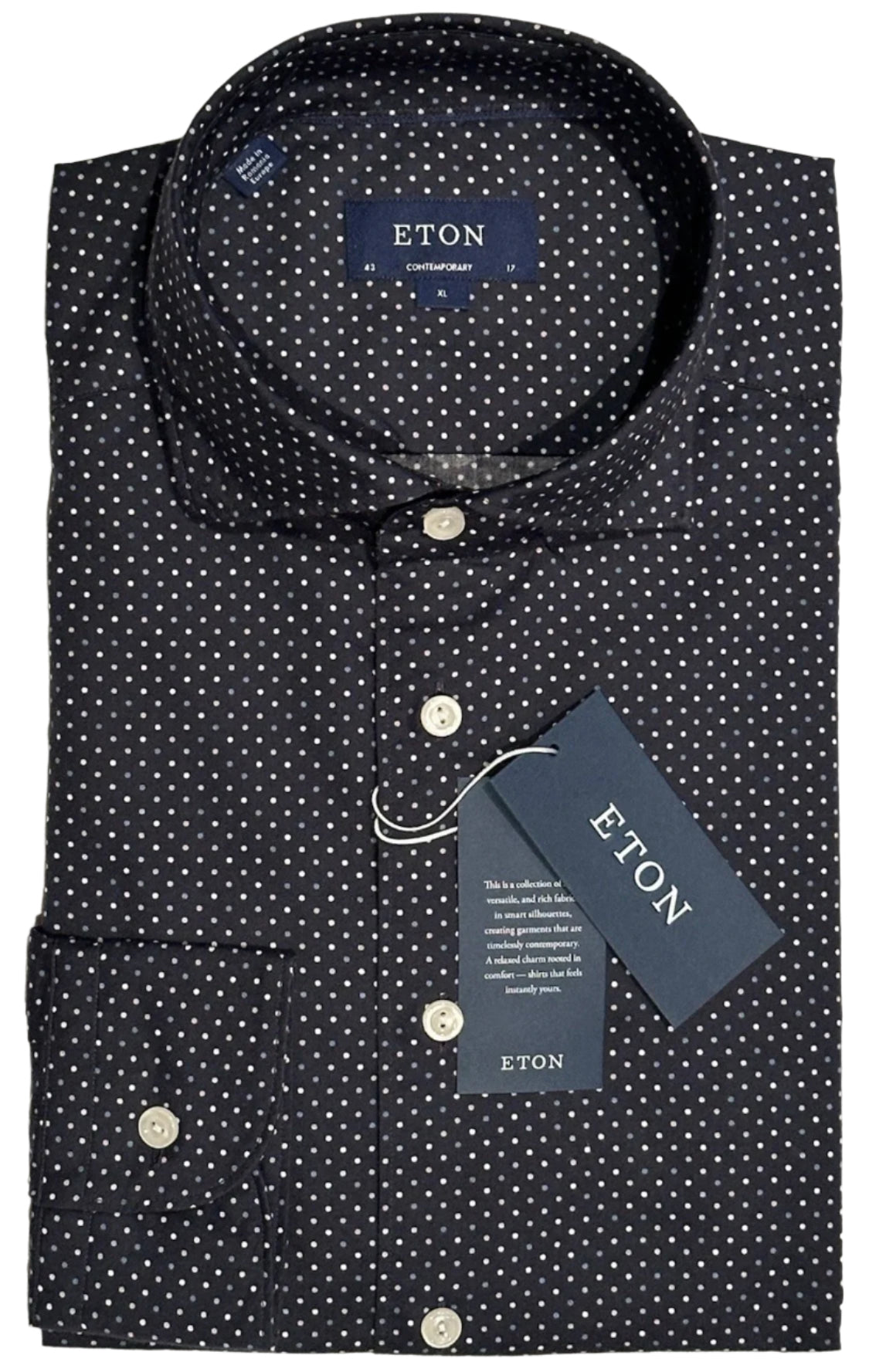 $425 NEW ETON DRESS SHIRT XL 17 EU 43 CONTEMPORARY DARK NAVY w SUSPENDED DOTS