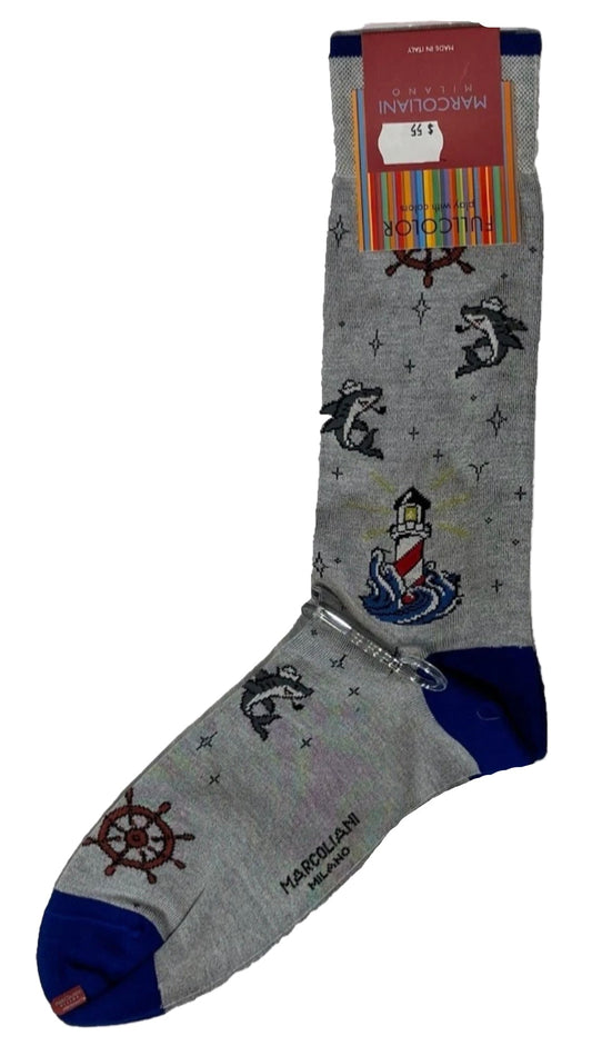 Gray sock with pirate design and brand label on a white background