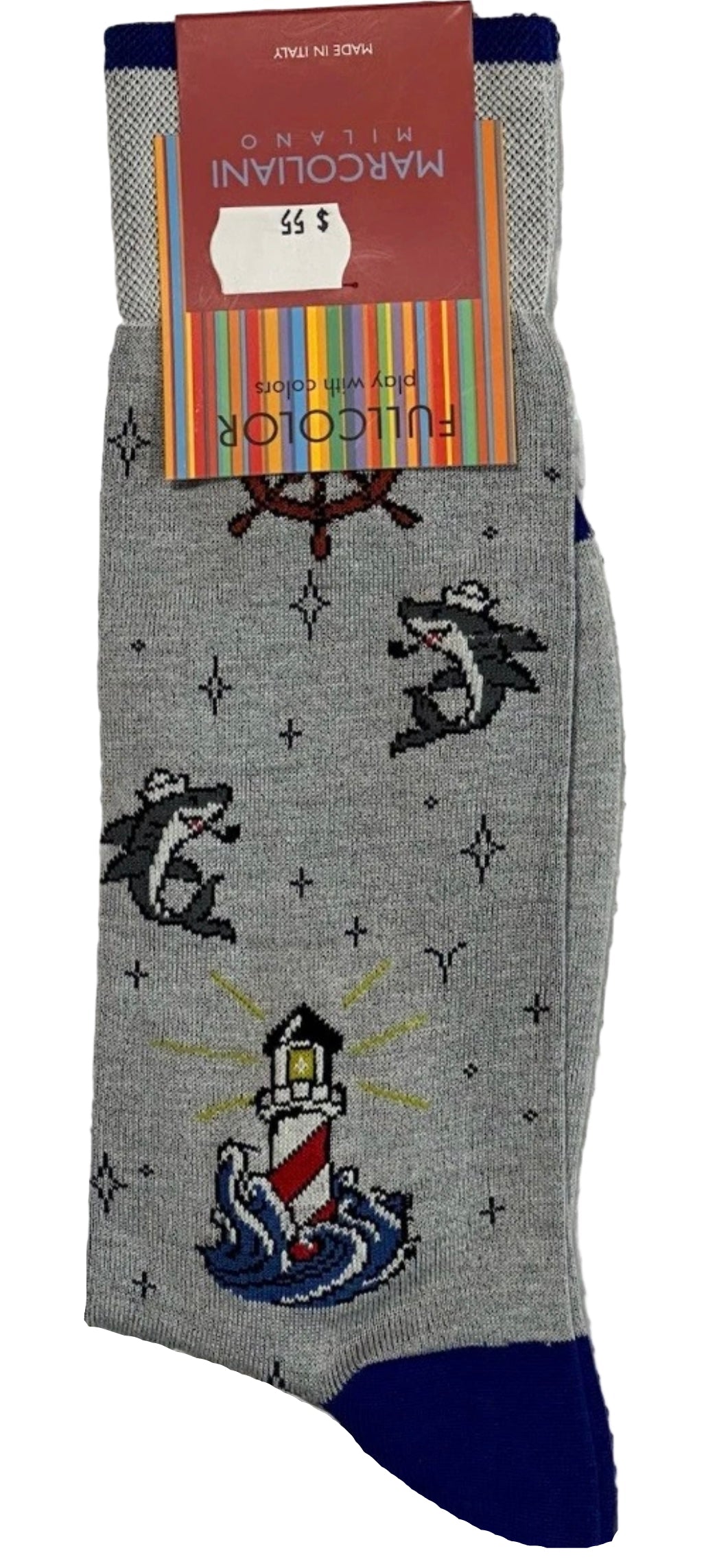 $55 NEW ITALY MARCOLIANI MILANO SOCKS MERCERIZED PIMA COTTON LIGHTHOUSE SHARKS MOTIF SILVER