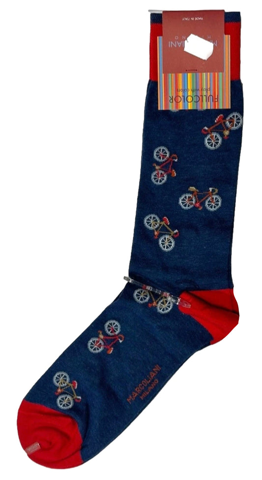 Blue sock with bicycle pattern and red toes, displayed with packaging on a white background