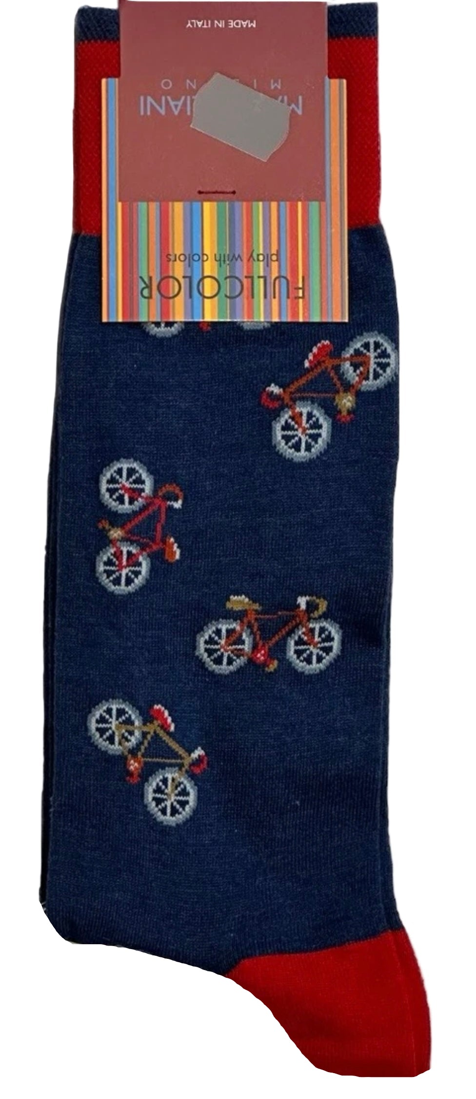 Navy blue socks with bicycle design on a white background