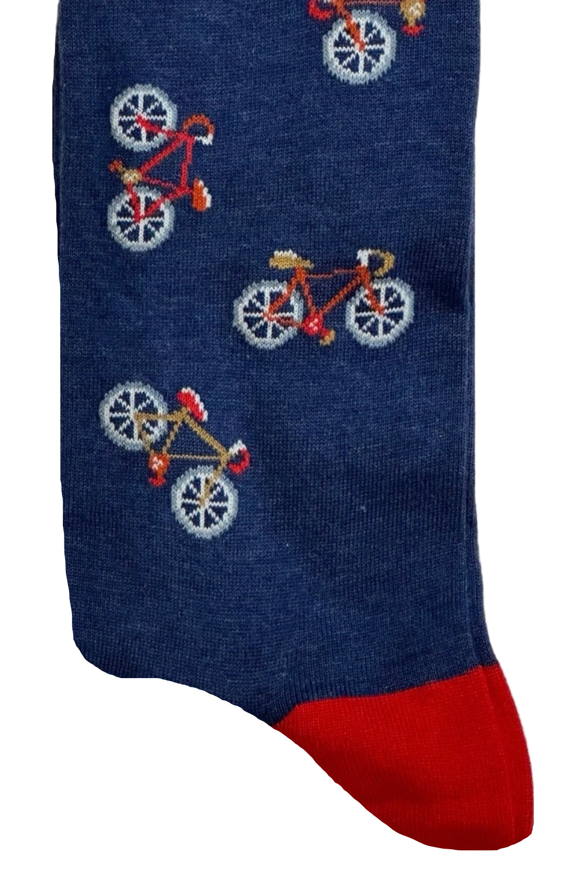 Navy sock with bicycle pattern and red heel, on a white background