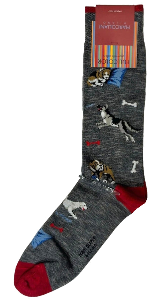 Gray socks with dog patterns on a white background