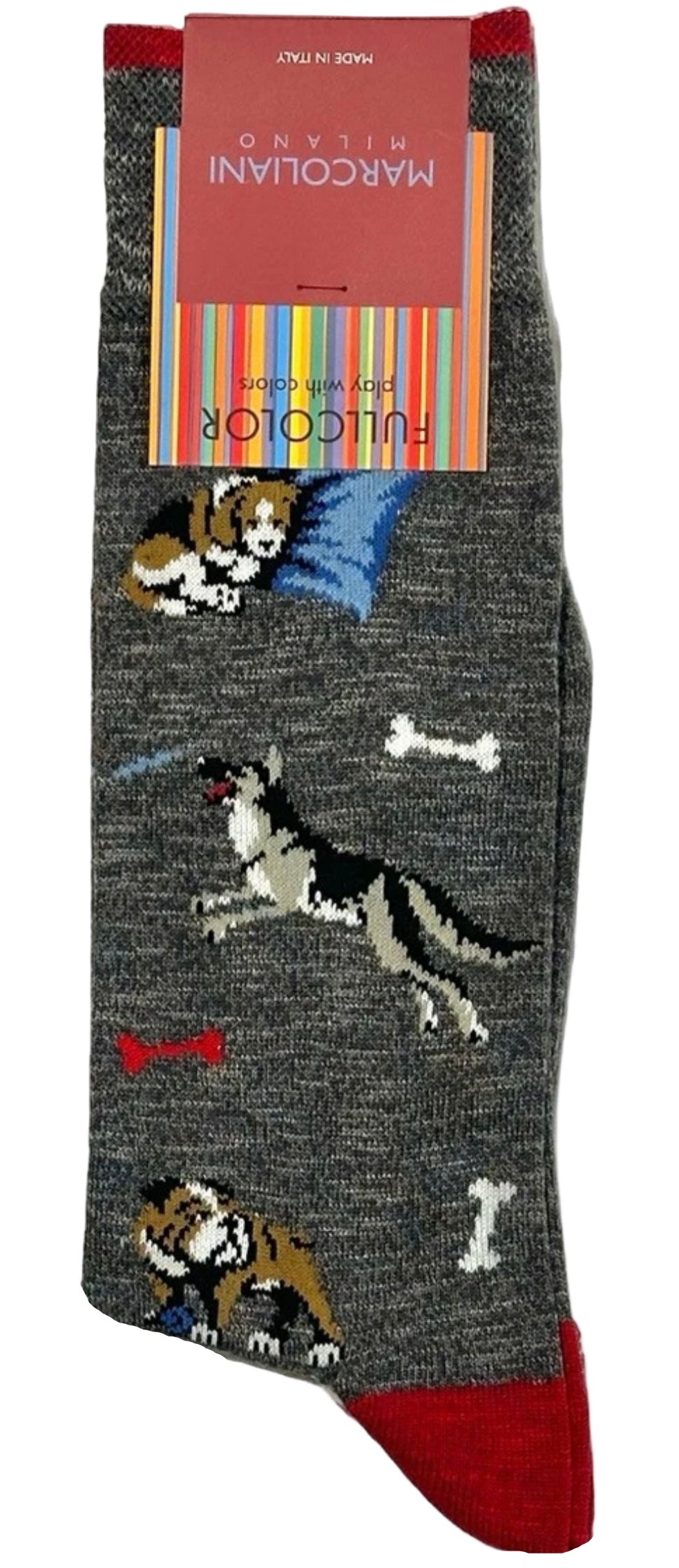 Gray sock with dog designs and colorful packaging on a white background