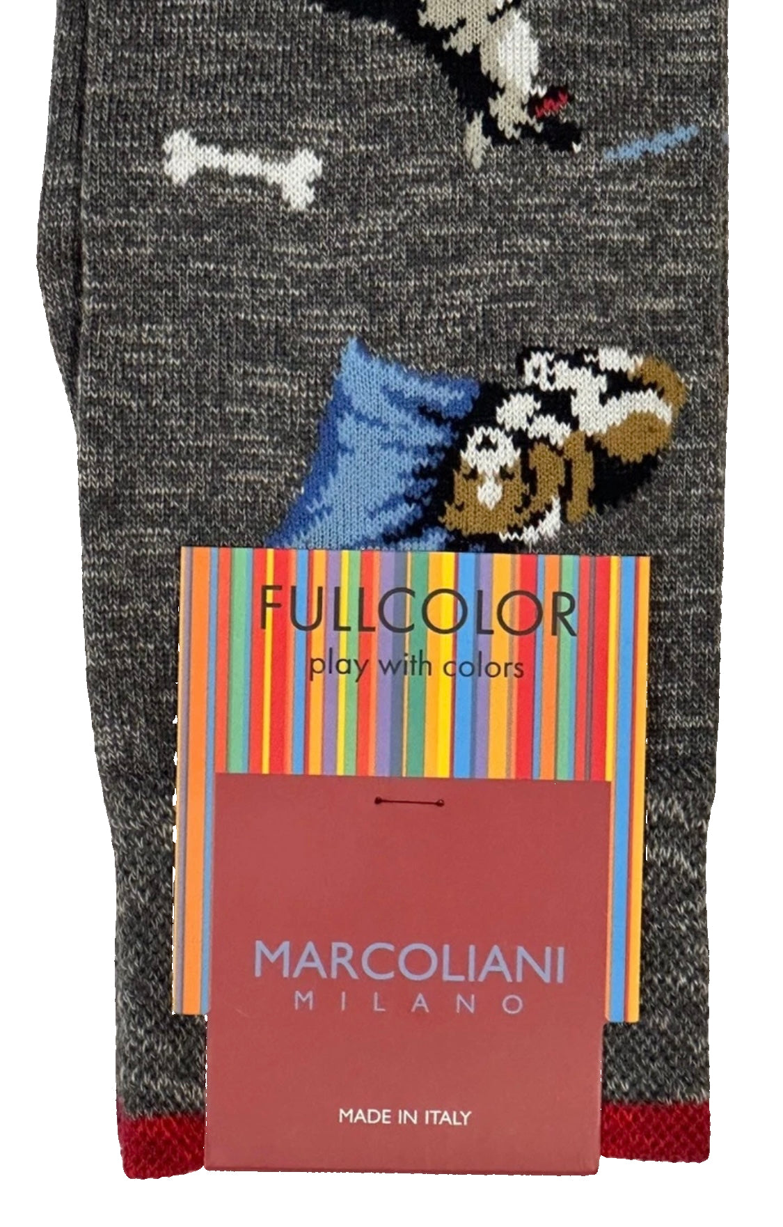 Marcoliani Milano sock with dog and bone design on packaging