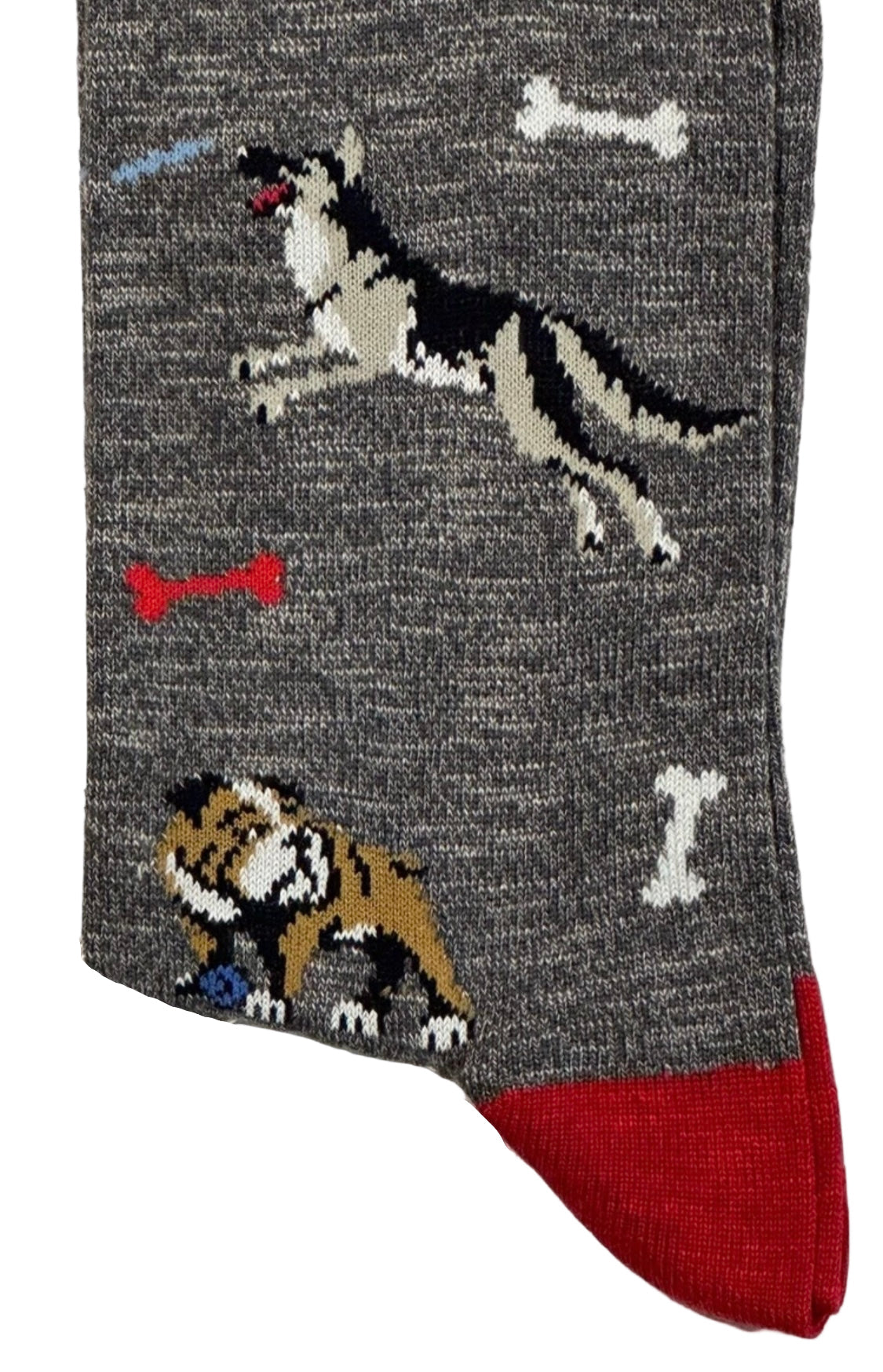 Gray sock with bulldog and wolf design on a hook