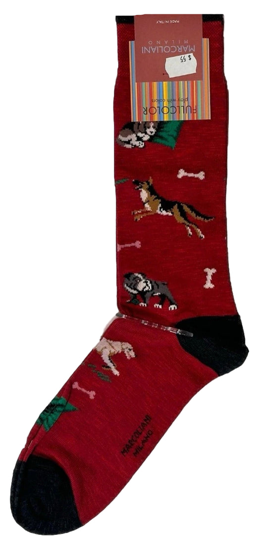 Red sock with dog pattern on a white background