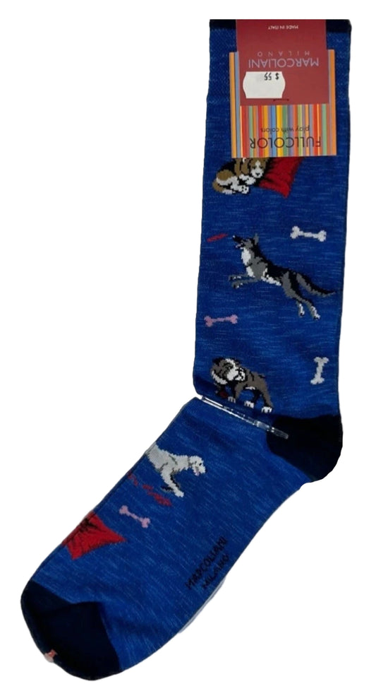 Blue sock with dog designs on a white background
