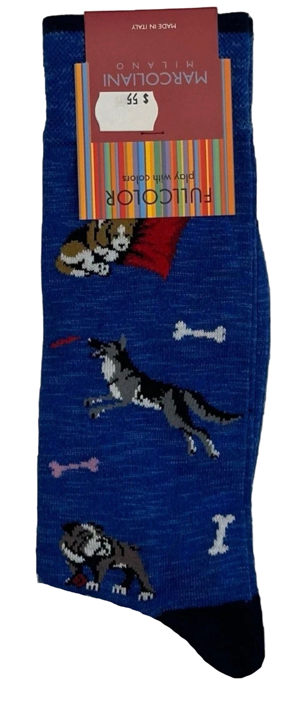 Blue socks with dog pattern and packaging on a white background