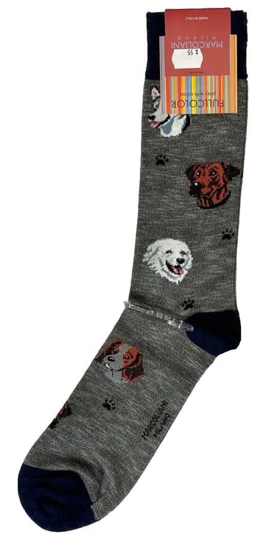 $55 NEW ITALY MARCOLIANI MILANO SOCKS MERCERIZED PIMA COTTON DOGS MOTIF DOG LOVERS GRAY